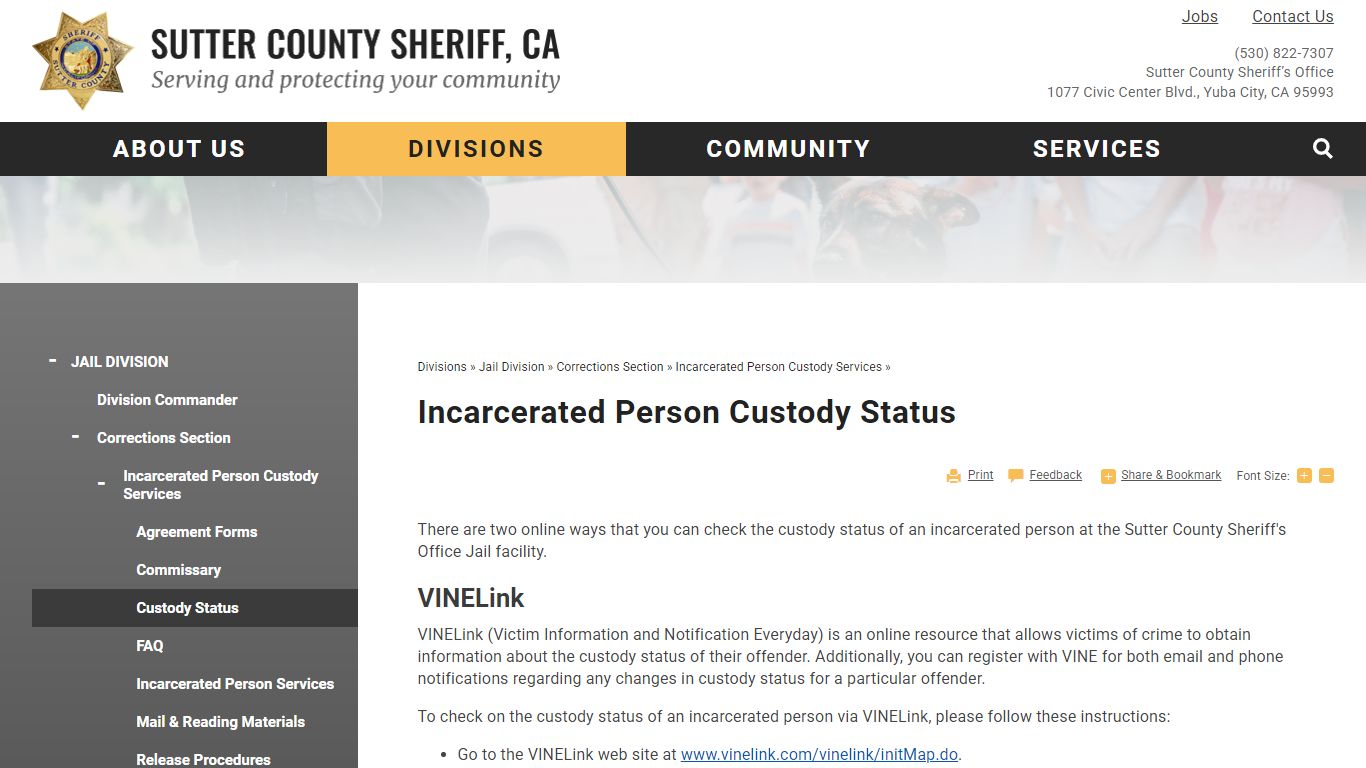 Inmate Custody Status | Sutter County Sheriff, CA