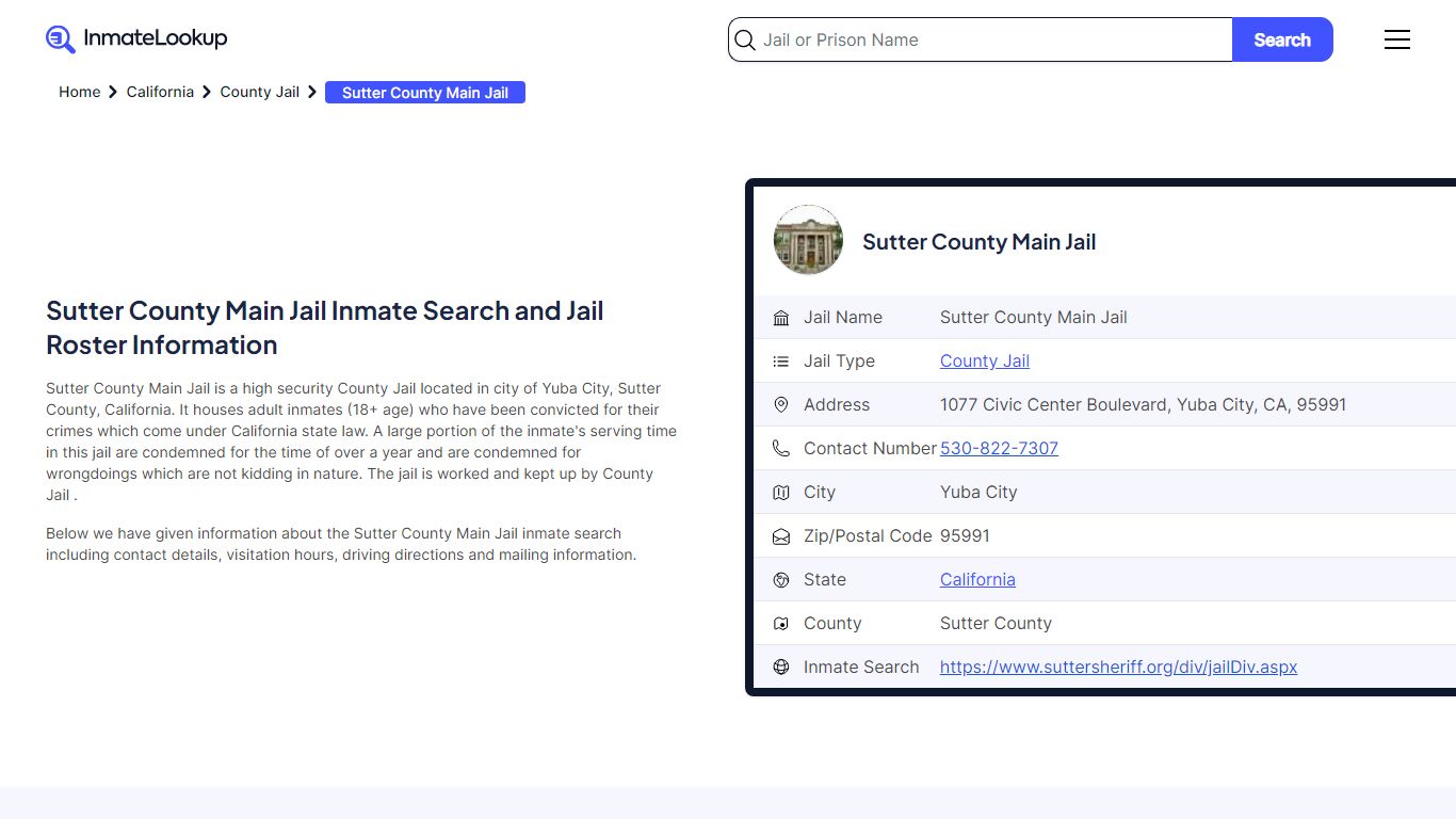 Sutter County Main Jail (CA) Inmate Search California - Inmate Lookup